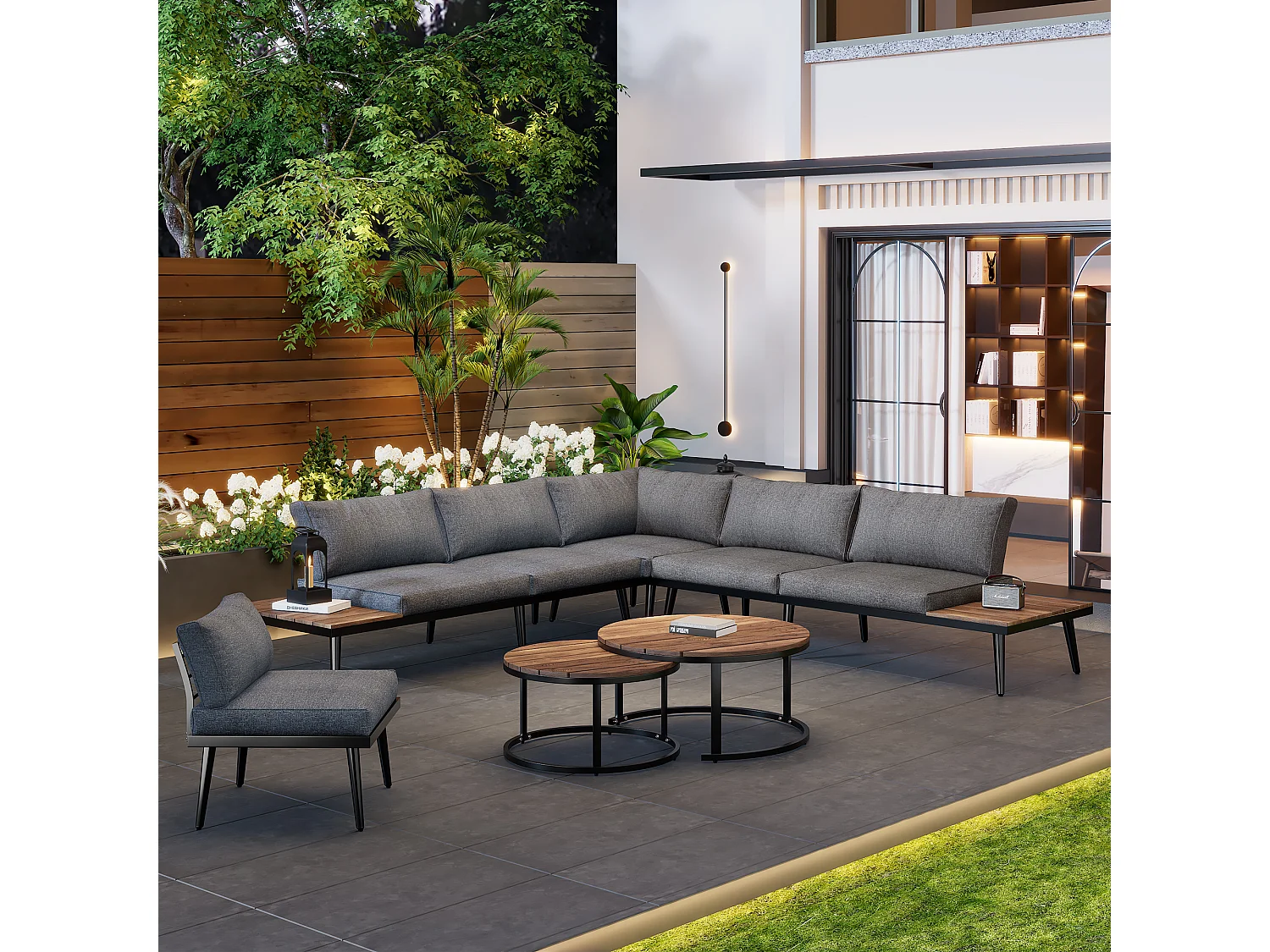 Modular garden furniture set in galvanized iron and acacia wood - 6 seats - 2 nesting tables - Beige