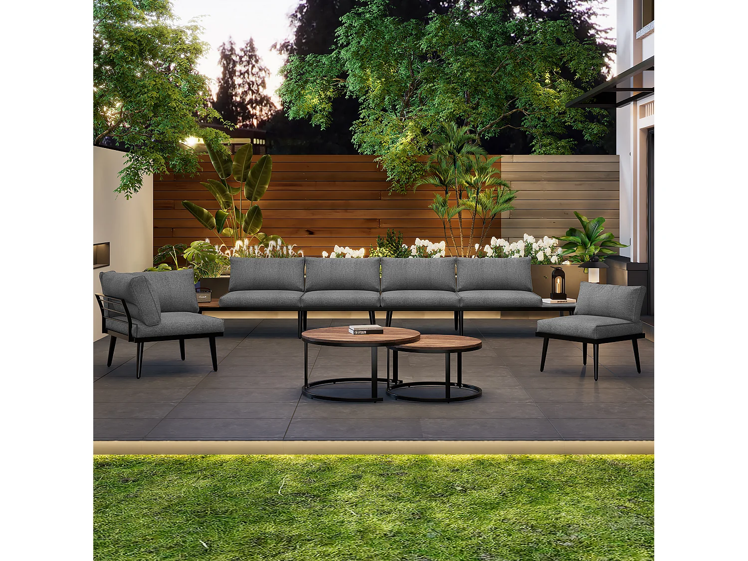 Modular garden furniture set in galvanized iron and acacia wood - 6 seats - 2 nesting tables - Beige