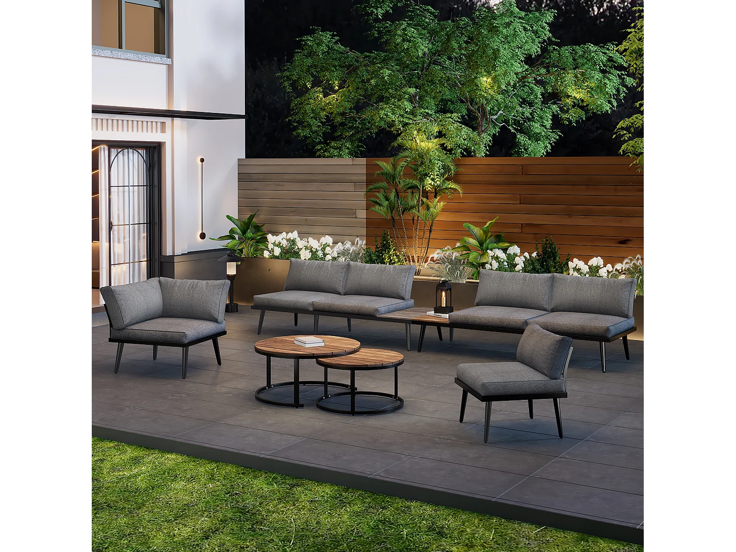 Modular garden furniture set in galvanized iron and acacia wood - 6 seats - 2 nesting tables - Beige