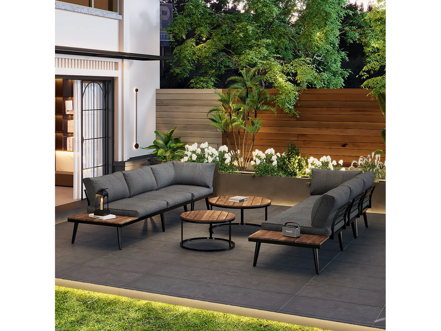 Modular garden furniture set in galvanized iron and acacia wood - 6 seats - 2 nesting tables - Beige