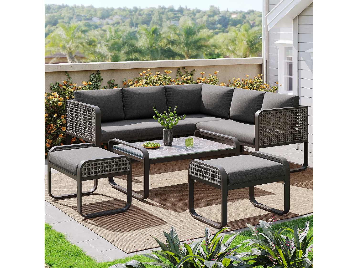 Garden furniture set, rattan furniture for 6-7 people, corner sofa - 2 stools - galvanized iron, adjustable feet, grey