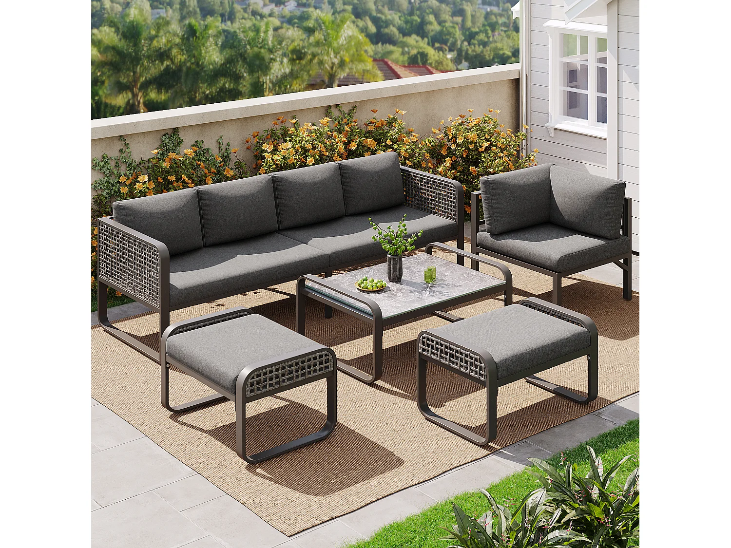 Garden furniture set, rattan furniture for 6-7 people, corner sofa - 2 stools - galvanized iron, adjustable feet, grey