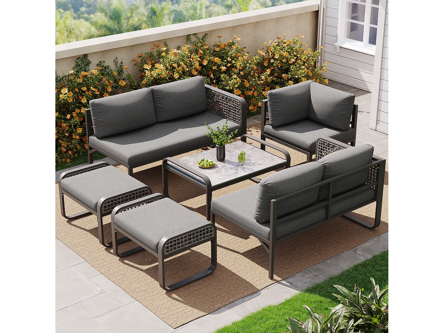 Garden furniture set, rattan furniture for 6-7 people, corner sofa - 2 stools - galvanized iron, adjustable feet, grey