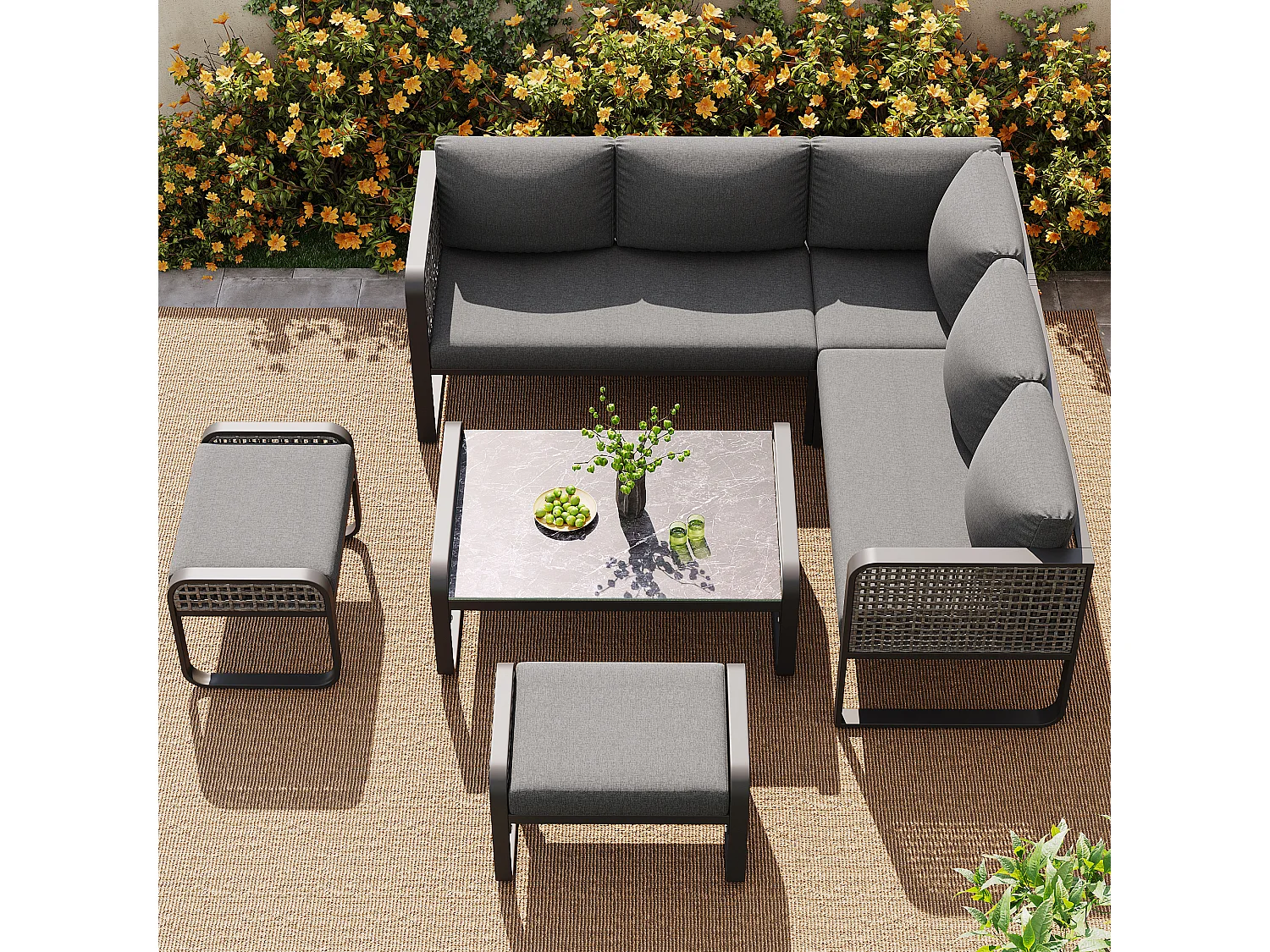 Garden furniture set, rattan furniture for 6-7 people, corner sofa - 2 stools - galvanized iron, adjustable feet, grey