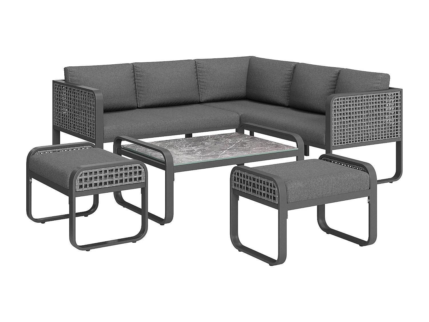 Garden furniture set, rattan furniture for 6-7 people, corner sofa - 2 stools - galvanized iron, adjustable feet, grey