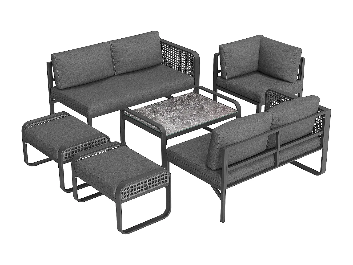 Garden furniture set, rattan furniture for 6-7 people, corner sofa - 2 stools - galvanized iron, adjustable feet, grey