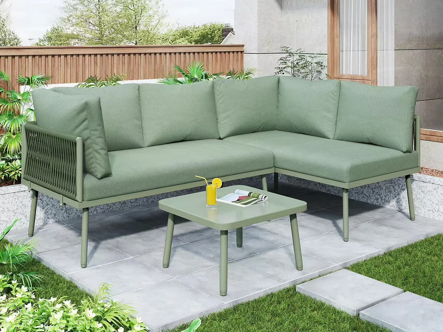 Wrought Iron Garden Lounge Set - 4 Seater - Outdoor Corner Sofa with Cushions - 2 Sofas and 1 Coffee Table - Decorated with Braided Rope - Green