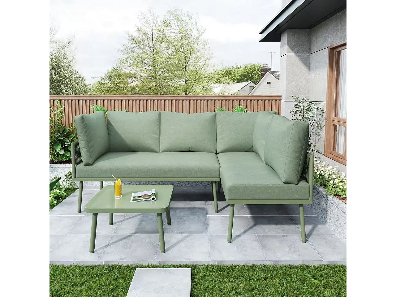 Wrought Iron Garden Lounge Set - 4 Seater - Outdoor Corner Sofa with Cushions - 2 Sofas and 1 Coffee Table - Decorated with Braided Rope - Green