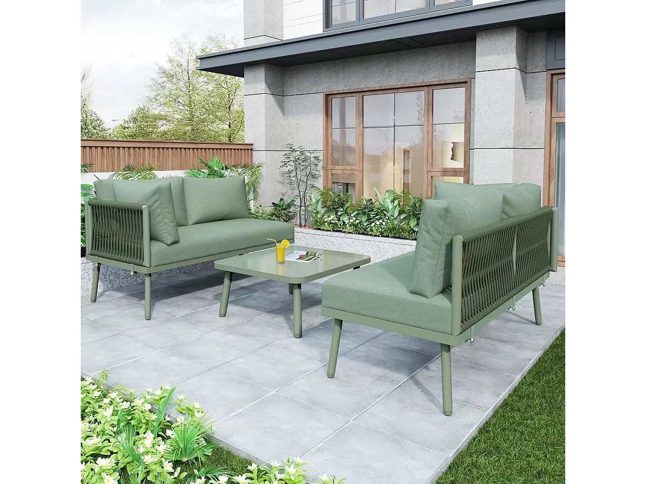 Wrought Iron Garden Lounge Set - 4 Seater - Outdoor Corner Sofa with Cushions - 2 Sofas and 1 Coffee Table - Decorated with Braided Rope - Green