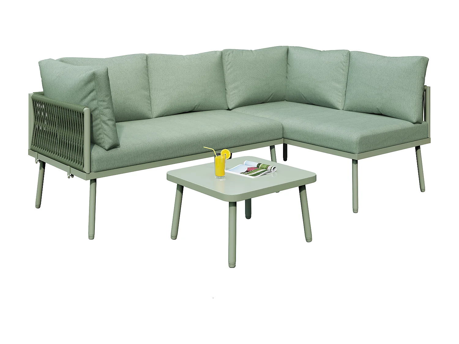 Wrought Iron Garden Lounge Set - 4 Seater - Outdoor Corner Sofa with Cushions - 2 Sofas and 1 Coffee Table - Decorated with Braided Rope - Green
