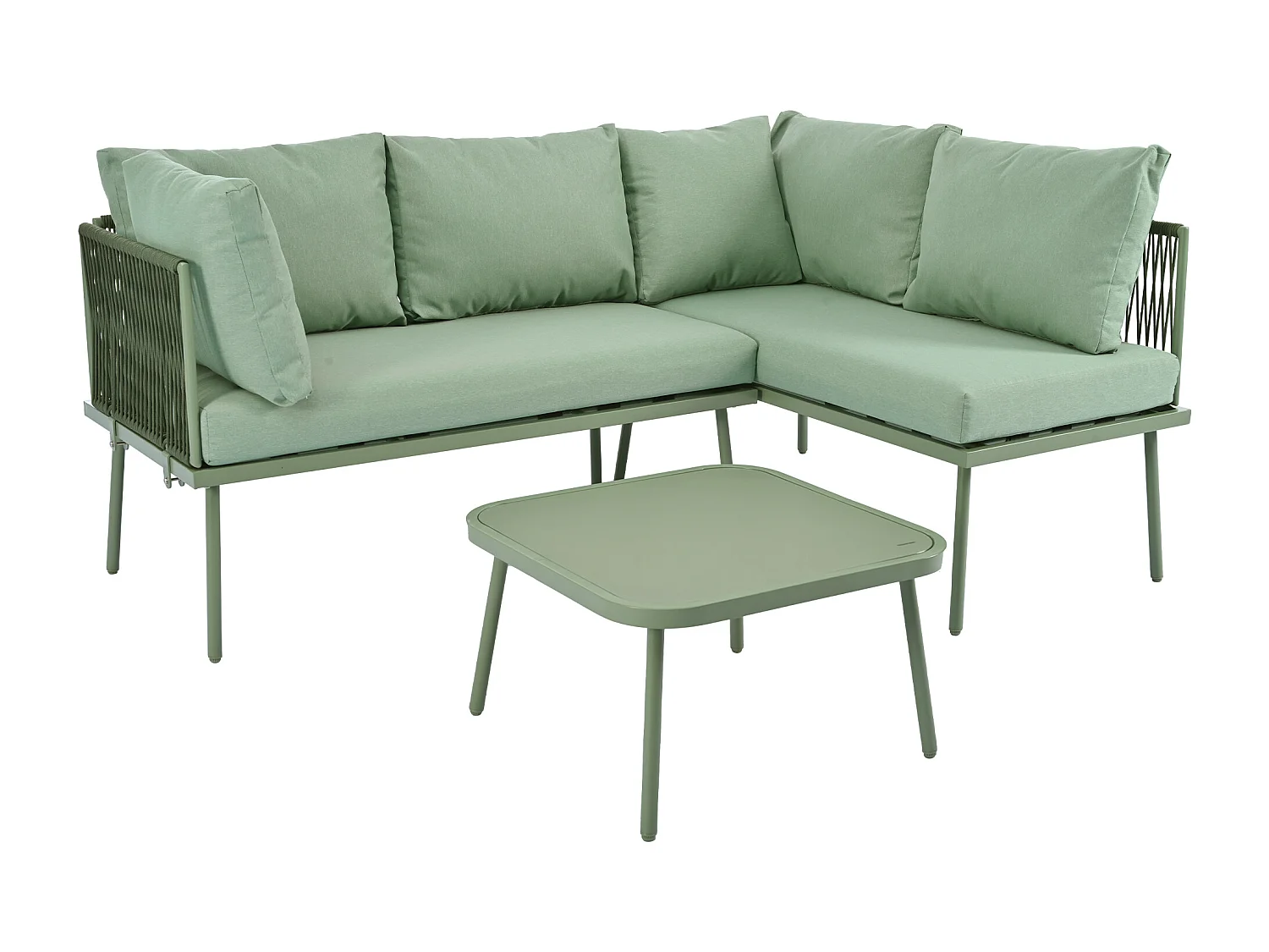 Wrought Iron Garden Lounge Set - 4 Seater - Outdoor Corner Sofa with Cushions - 2 Sofas and 1 Coffee Table - Decorated with Braided Rope - Green