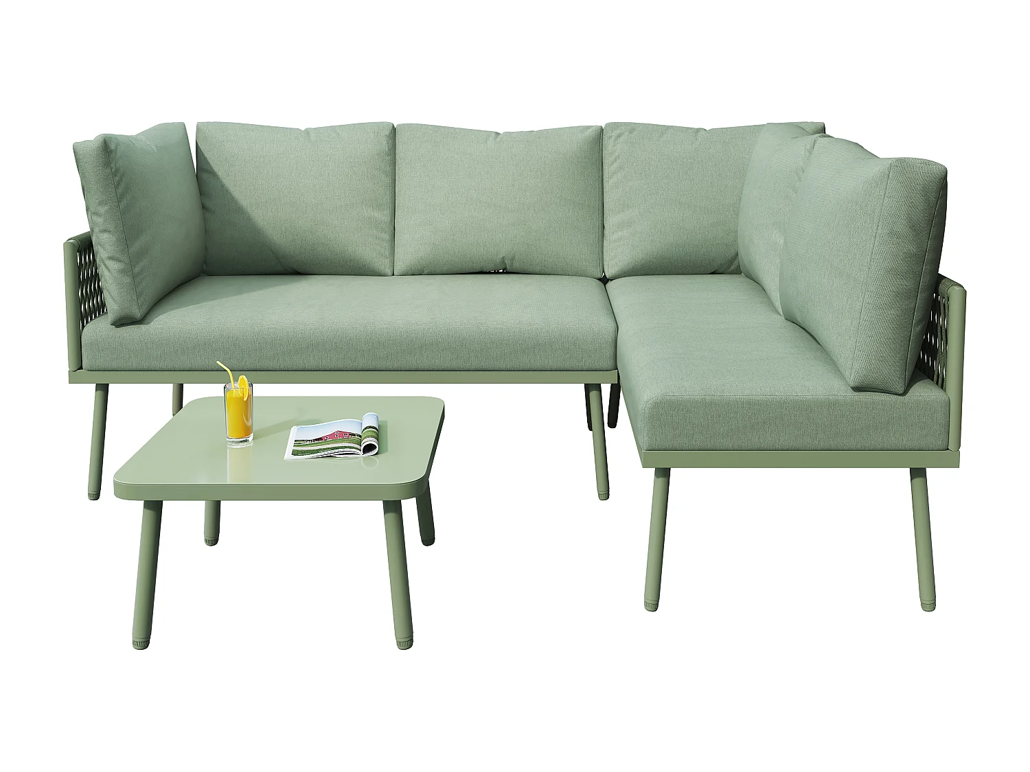 Wrought Iron Garden Lounge Set - 4 Seater - Outdoor Corner Sofa with Cushions - 2 Sofas and 1 Coffee Table - Decorated with Braided Rope - Green