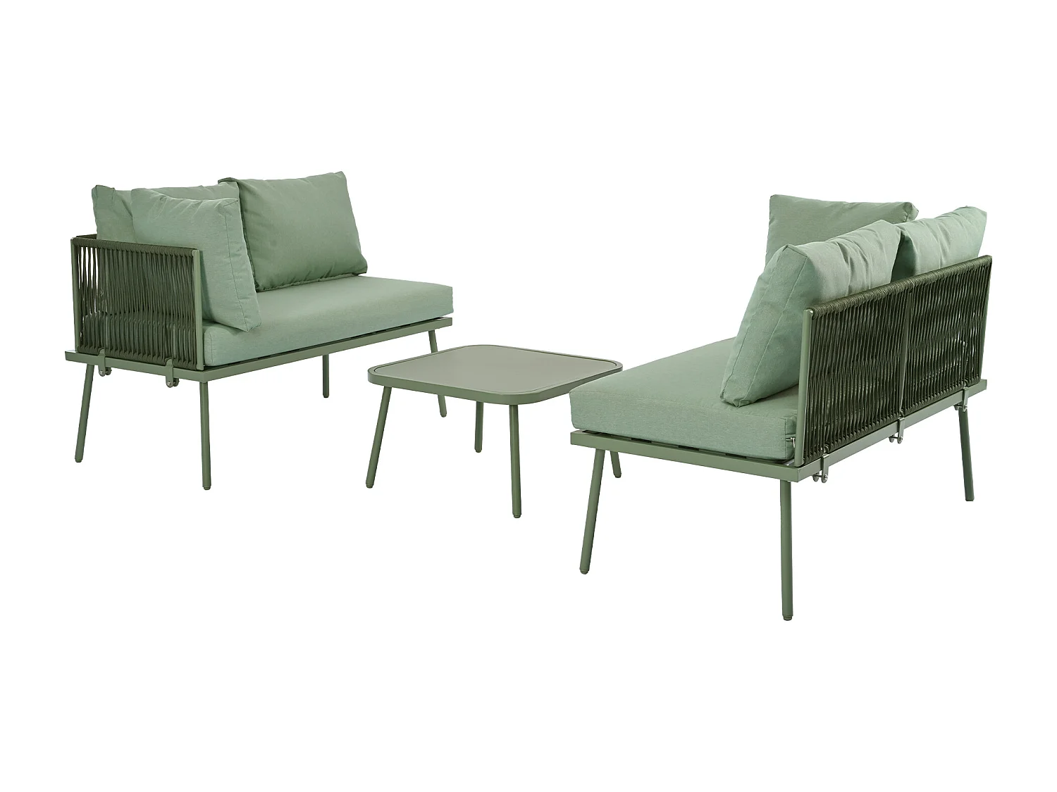 Wrought Iron Garden Lounge Set - 4 Seater - Outdoor Corner Sofa with Cushions - 2 Sofas and 1 Coffee Table - Decorated with Braided Rope - Green