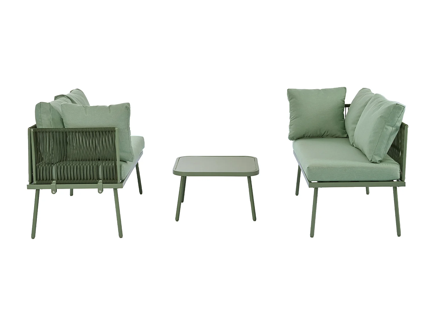 Wrought Iron Garden Lounge Set - 4 Seater - Outdoor Corner Sofa with Cushions - 2 Sofas and 1 Coffee Table - Decorated with Braided Rope - Green