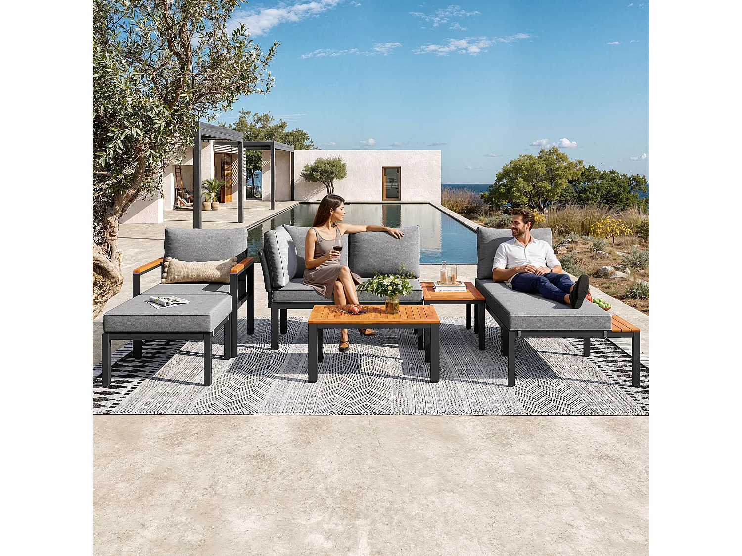 Modular garden furniture set - for 6-7 people - galvanized iron frame - with coffee table and footrest - Grey