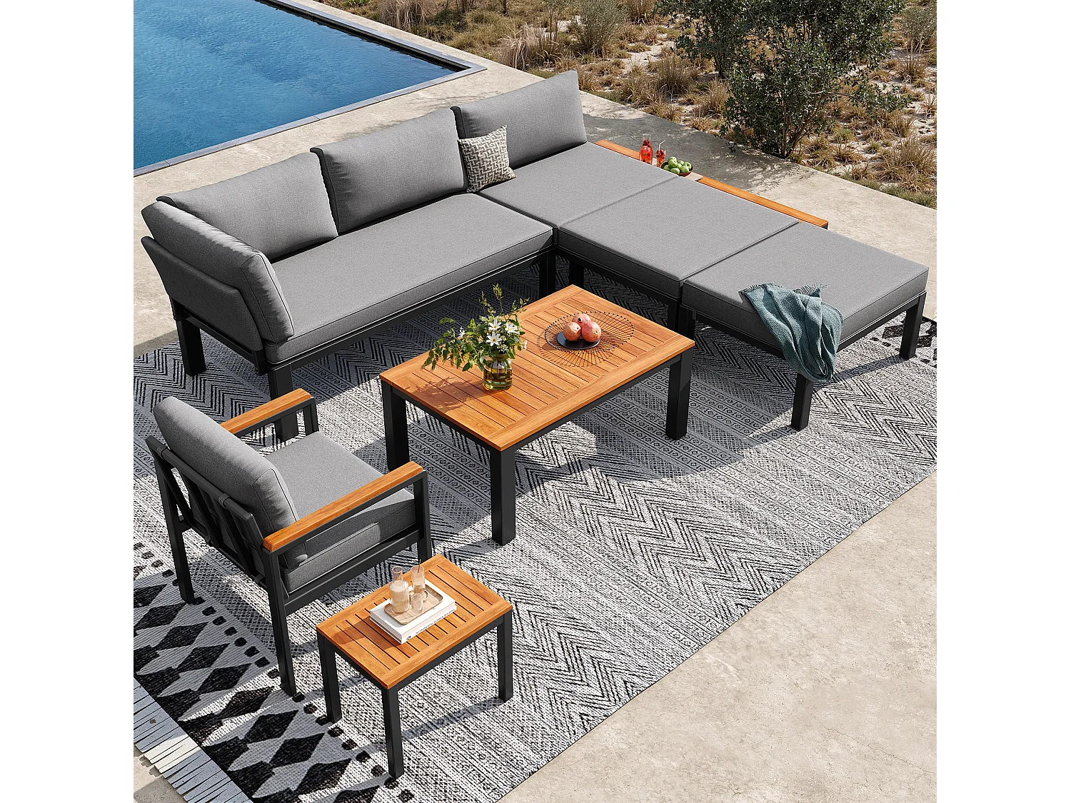 Modular garden furniture set - for 6-7 people - galvanized iron frame - with coffee table and footrest - Grey