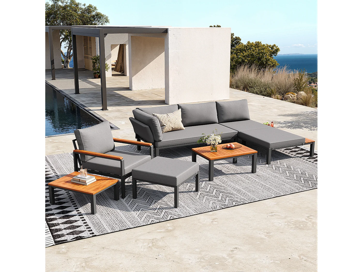 Modular garden furniture set - for 6-7 people - galvanized iron frame - with coffee table and footrest - Grey