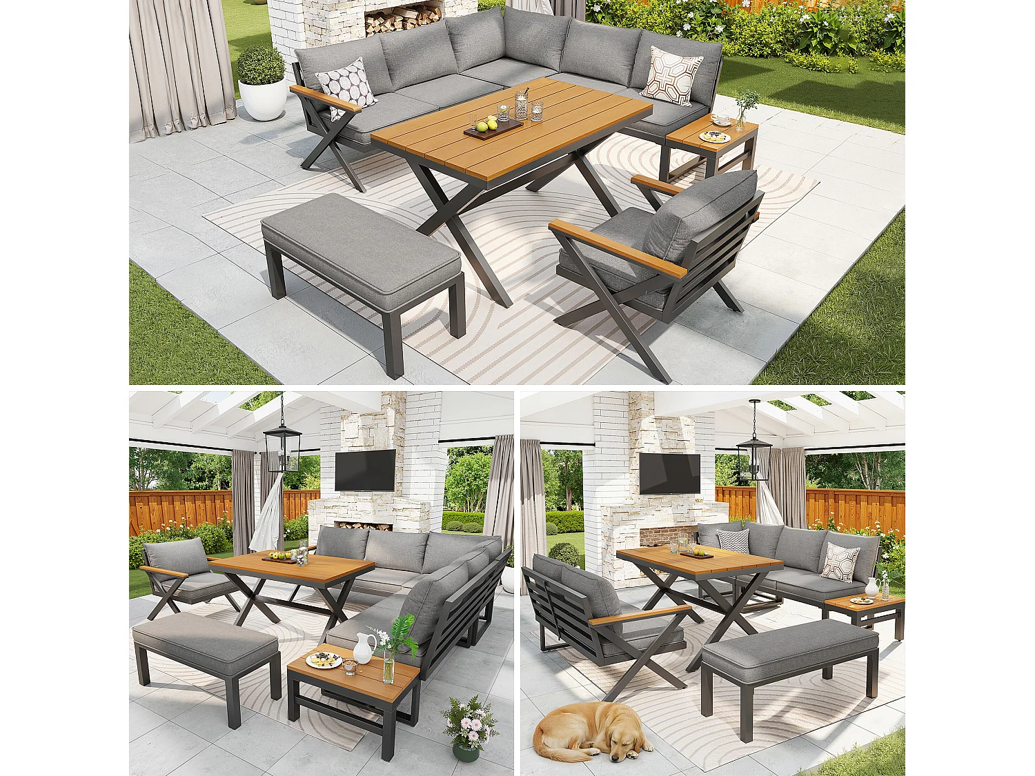Garden furniture set for 6-7 people - corner sofa - galvanized iron - wood-plastic composite dining tables - armchairs - bench, Grey