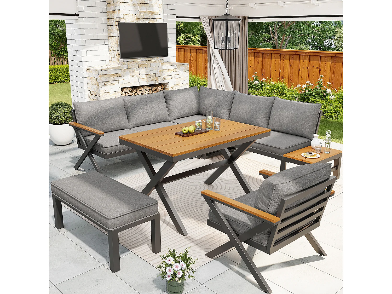 Garden furniture set for 6-7 people - corner sofa - galvanized iron - wood-plastic composite dining tables - armchairs - bench, Grey