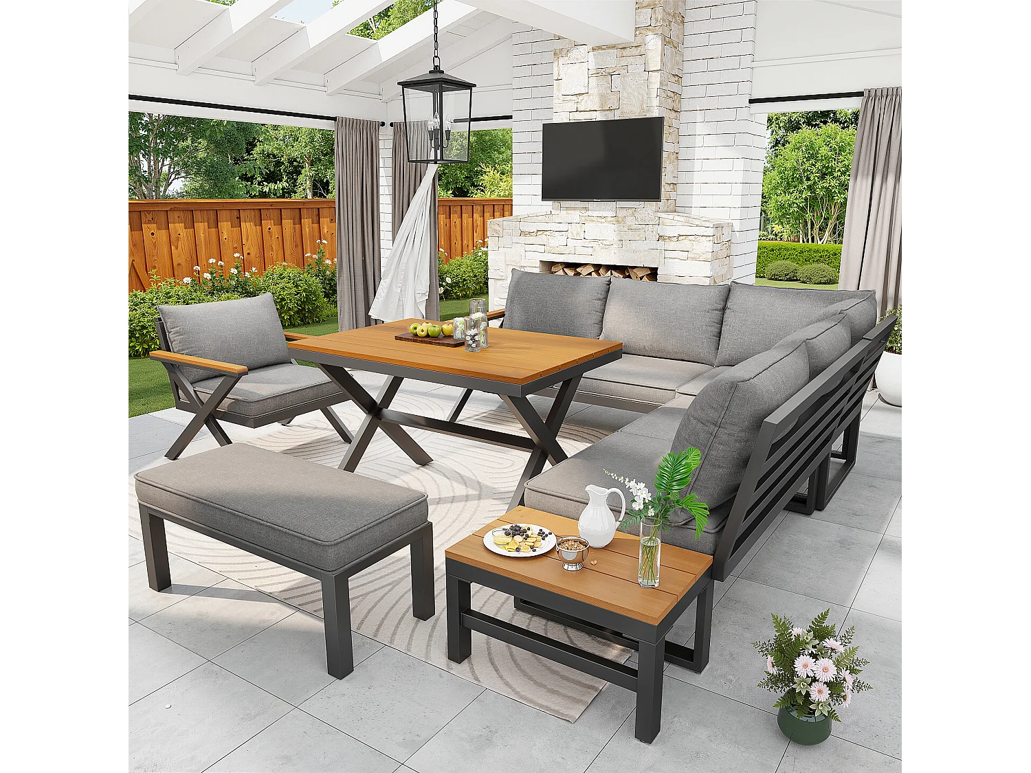 Garden furniture set for 6-7 people - corner sofa - galvanized iron - wood-plastic composite dining tables - armchairs - bench, Grey