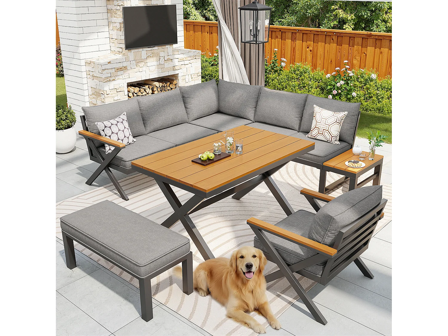 Garden furniture set for 6-7 people - corner sofa - galvanized iron - wood-plastic composite dining tables - armchairs - bench, Grey