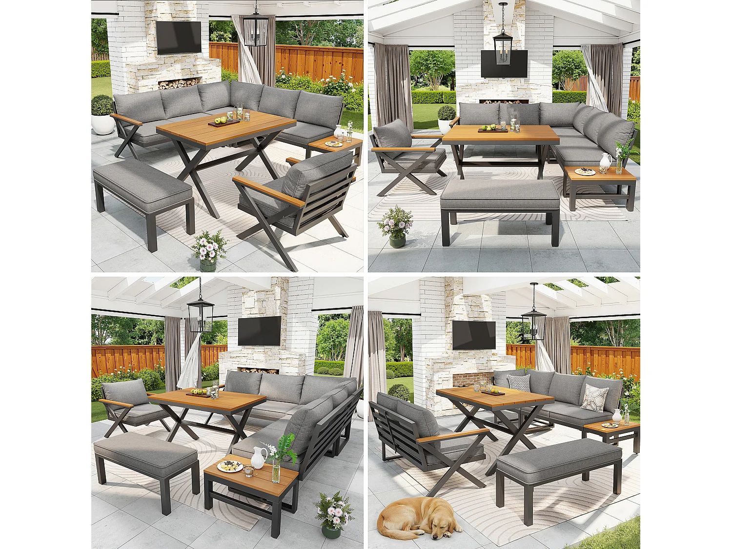 Garden furniture set for 6-7 people - corner sofa - galvanized iron - wood-plastic composite dining tables - armchairs - bench, Grey