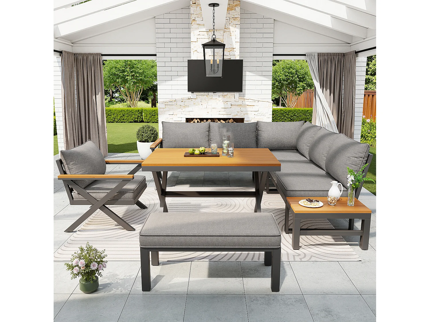 Garden furniture set for 6-7 people - corner sofa - galvanized iron - wood-plastic composite dining tables - armchairs - bench, Grey