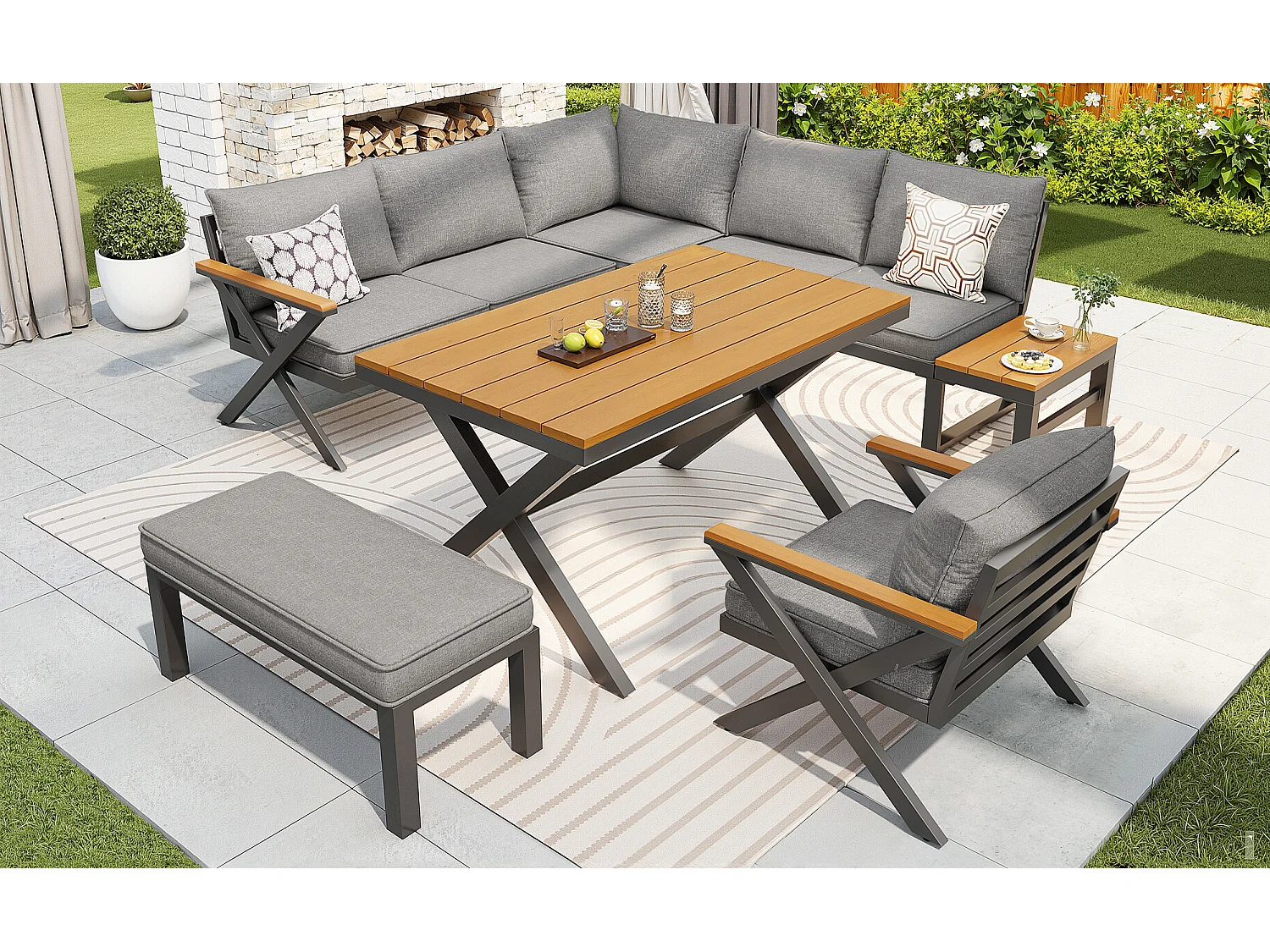 Garden furniture set for 6-7 people - corner sofa - galvanized iron - wood-plastic composite dining tables - armchairs - bench, Grey