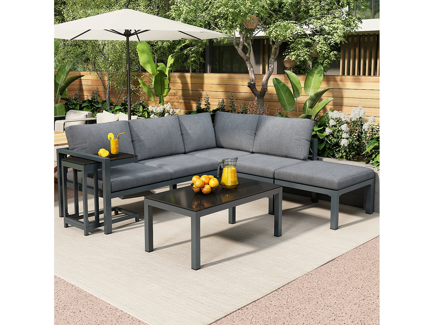 Aluminum Garden Furniture Set - 2 Sofas, 1 Stool, and 2 Coffee Tables - with all cushions - Gray