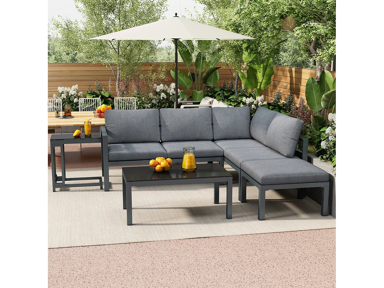 Aluminum Garden Furniture Set - 2 Sofas, 1 Stool, and 2 Coffee Tables - with all cushions - Gray