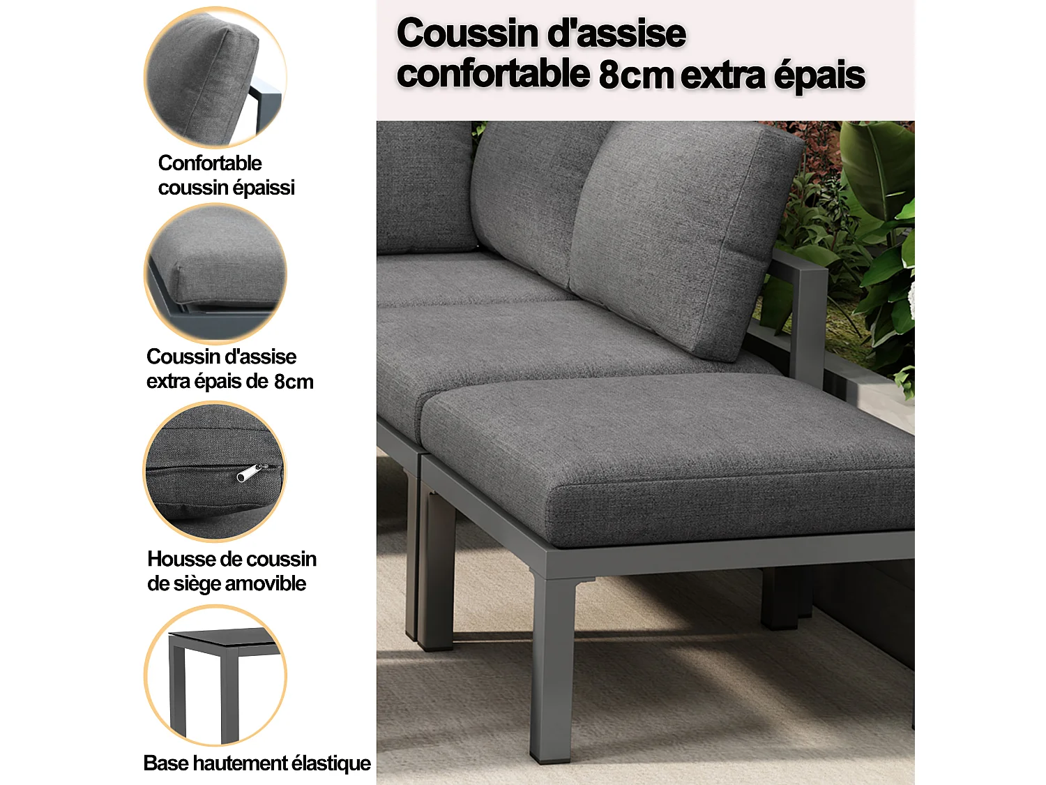 Aluminum Garden Furniture Set - 2 Sofas, 1 Stool, and 2 Coffee Tables - with all cushions - Gray