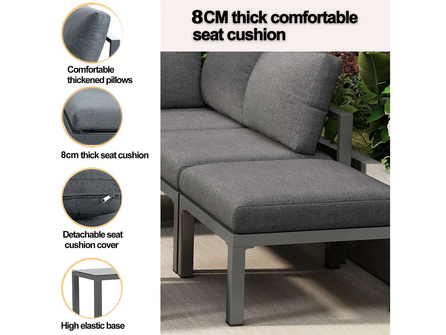 Aluminum Garden Furniture Set - 2 Sofas, 1 Stool, and 2 Coffee Tables - with all cushions - Gray