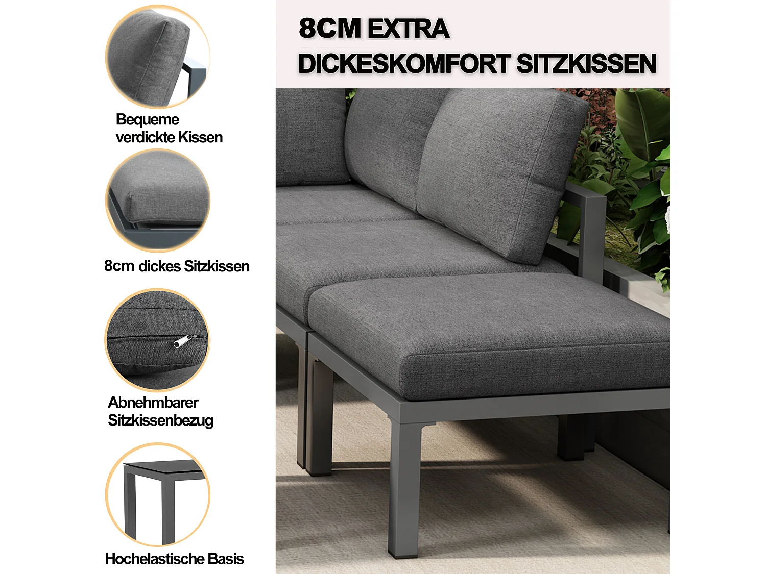 Aluminum Garden Furniture Set - 2 Sofas, 1 Stool, and 2 Coffee Tables - with all cushions - Gray