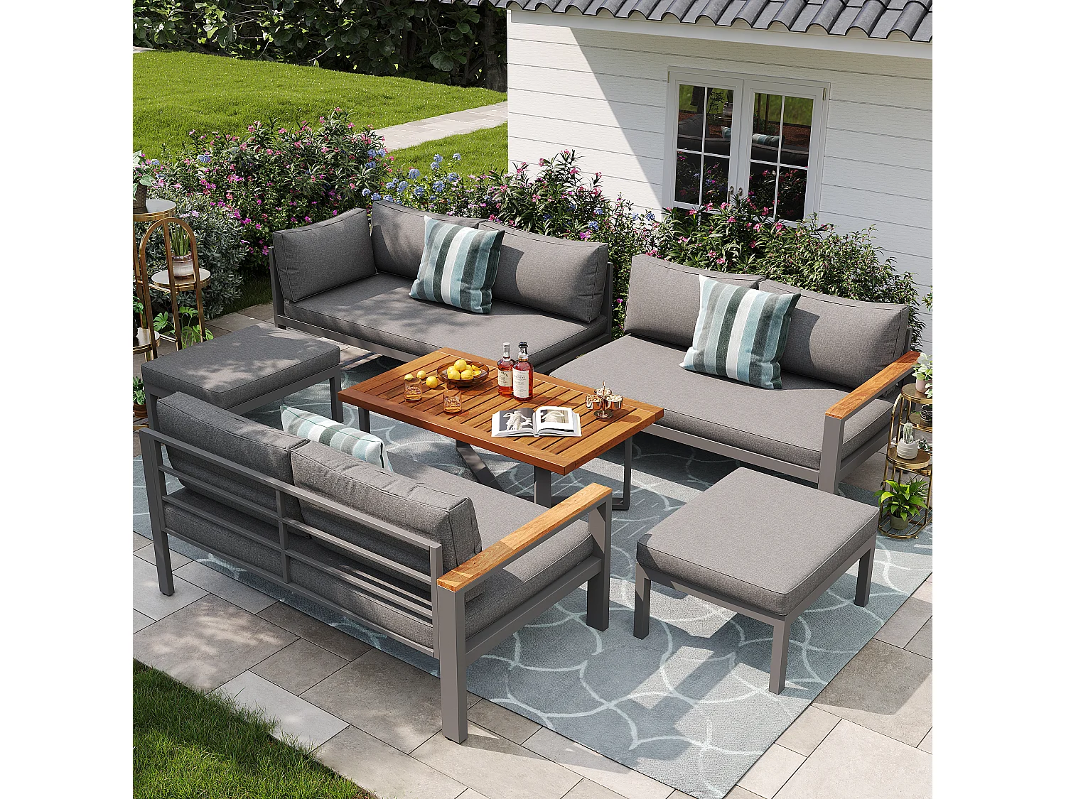 Garden furniture set, rope style, for 5 people - 3-seater sofa - 2 armchairs - coffee table - galvanized iron, grey