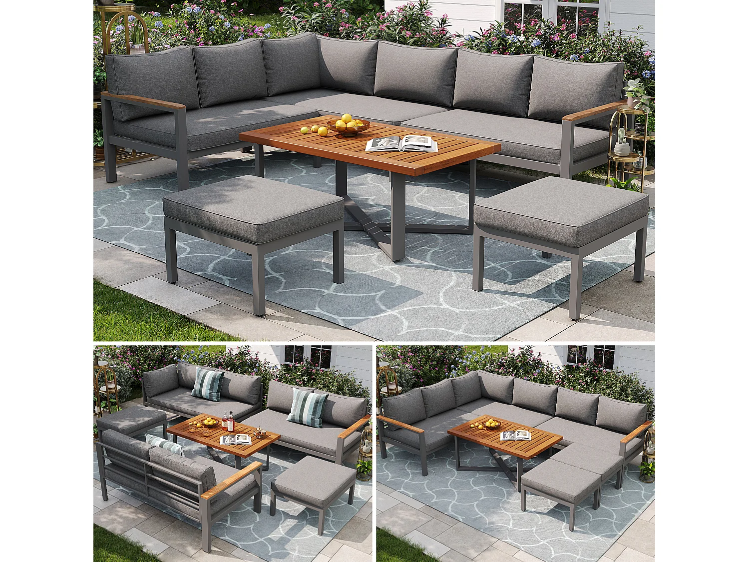 Garden furniture set, rope style, for 5 people - 3-seater sofa - 2 armchairs - coffee table - galvanized iron, grey