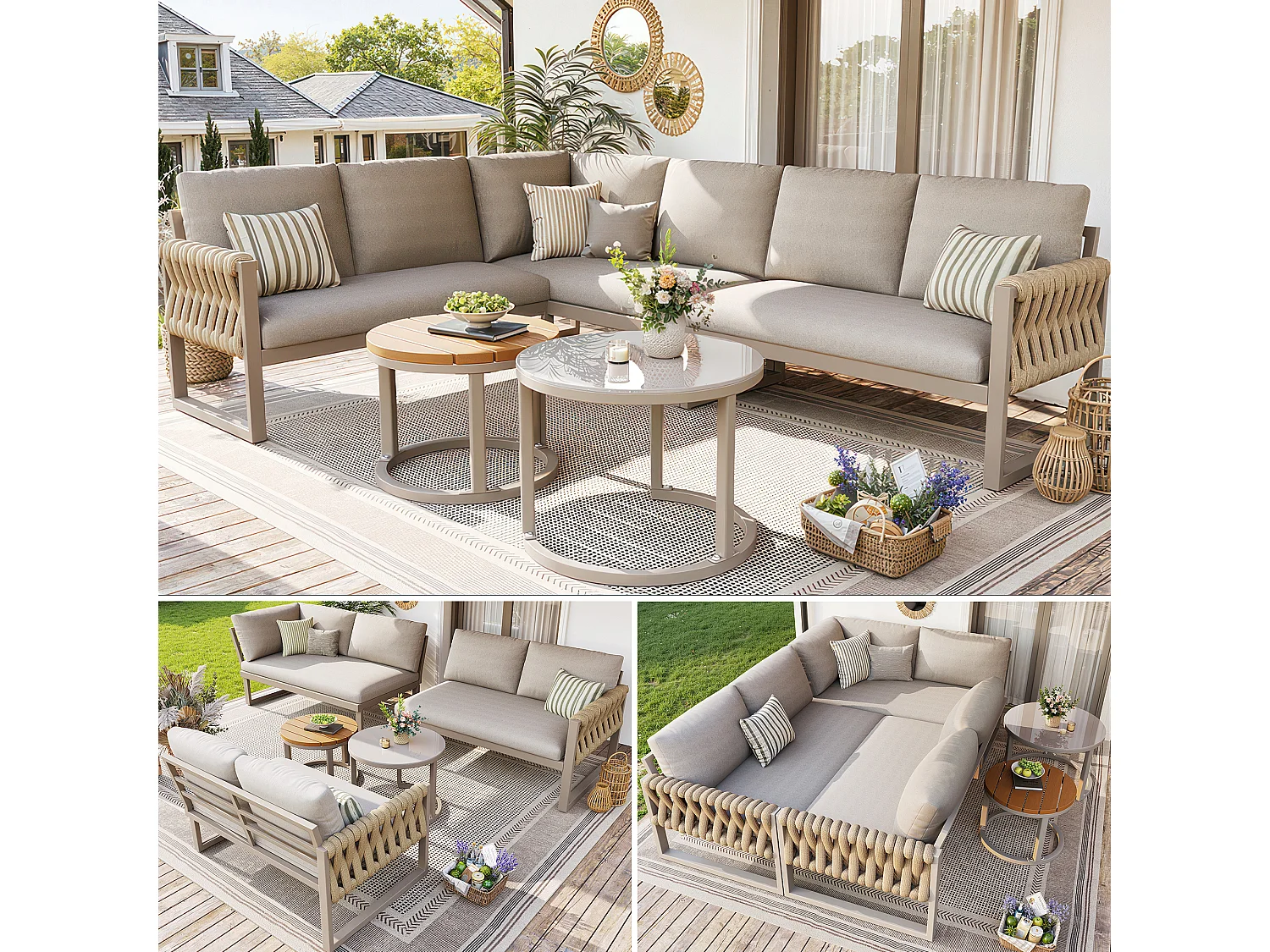 Garden furniture set for 5-6 people, rope, galvanized iron, corner sofa, 2 coffee tables, Beige