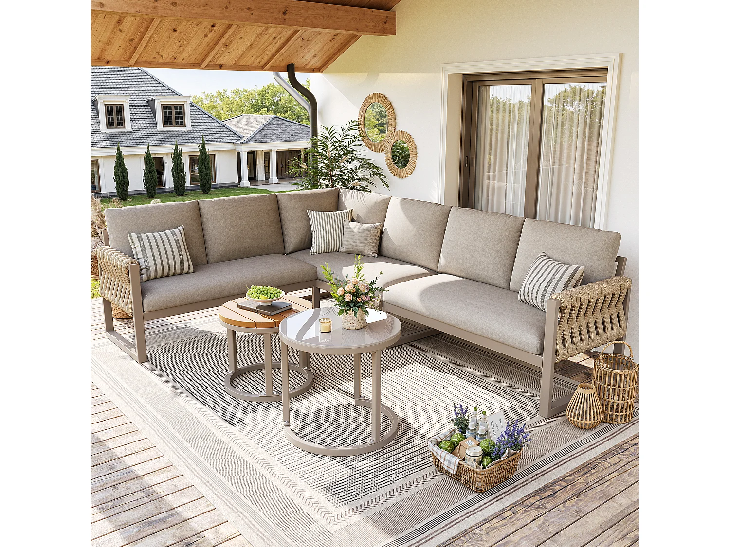 Garden furniture set for 5-6 people, rope, galvanized iron, corner sofa, 2 coffee tables, Beige