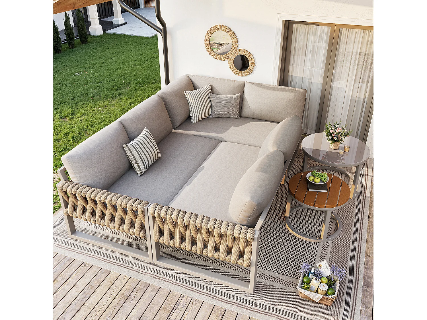Garden furniture set for 5-6 people, rope, galvanized iron, corner sofa, 2 coffee tables, Beige