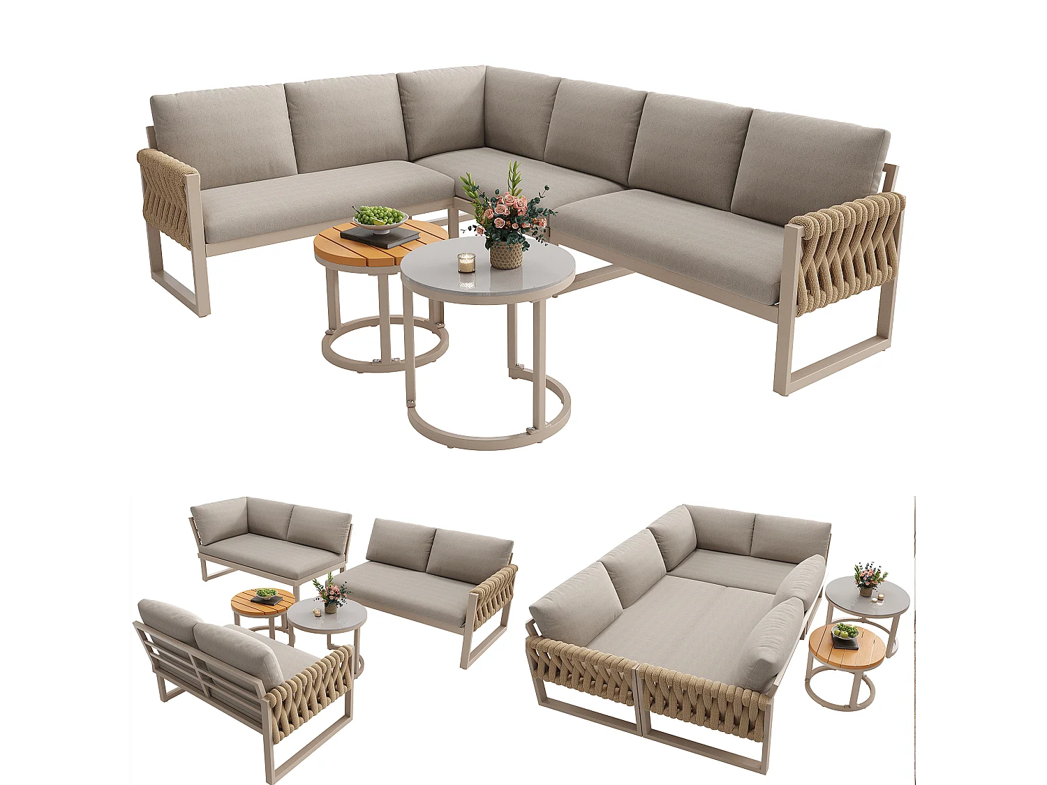 Garden furniture set for 5-6 people, rope, galvanized iron, corner sofa, 2 coffee tables, Beige