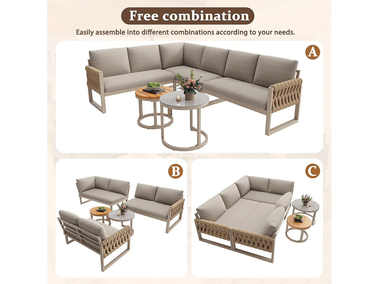 Garden furniture set for 5-6 people, rope, galvanized iron, corner sofa, 2 coffee tables, Beige