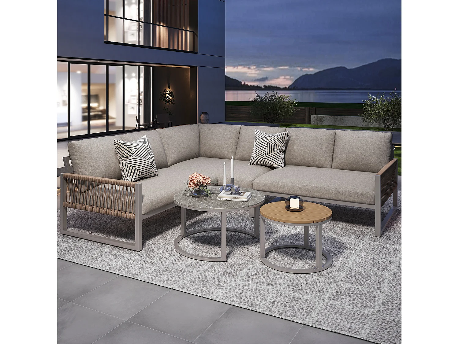 Garden furniture set for 6-7 people, corner sofa - galvanized iron, adjustable legs, 2 nesting tables, beige