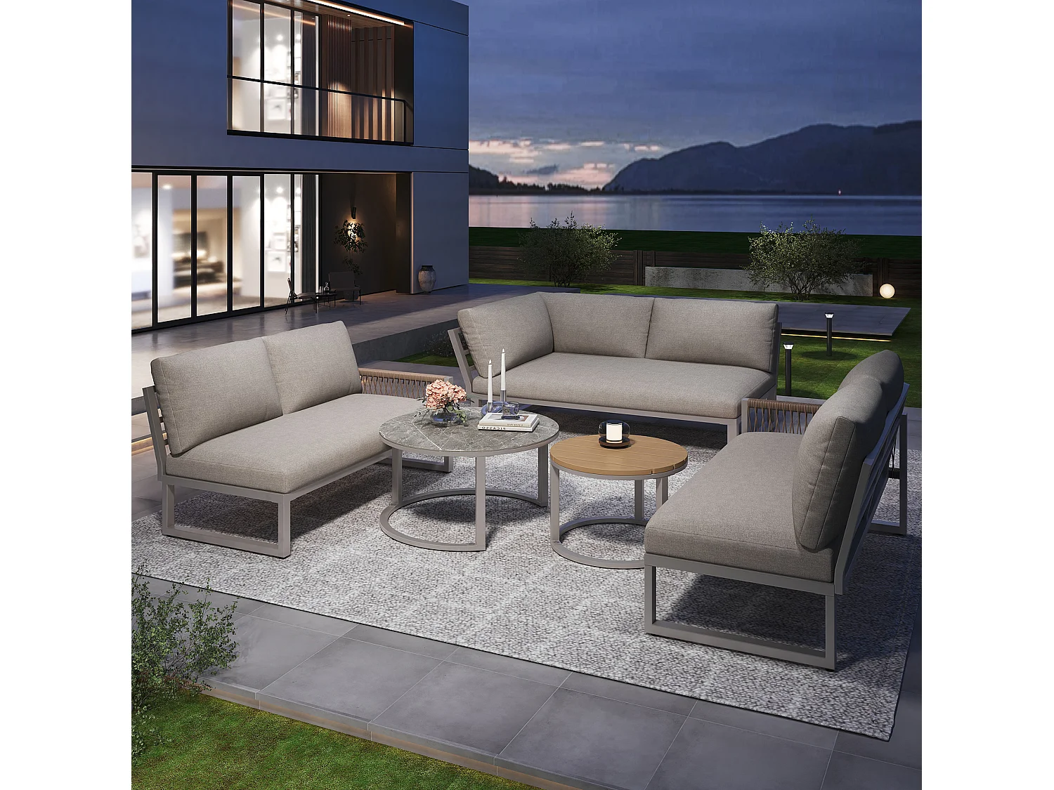 Garden furniture set for 6-7 people, corner sofa - galvanized iron, adjustable legs, 2 nesting tables, beige
