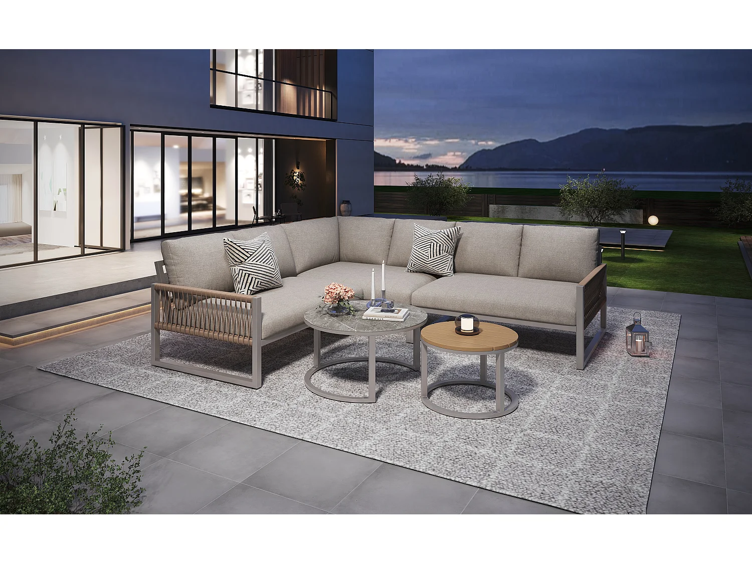 Garden furniture set for 6-7 people, corner sofa - galvanized iron, adjustable legs, 2 nesting tables, beige