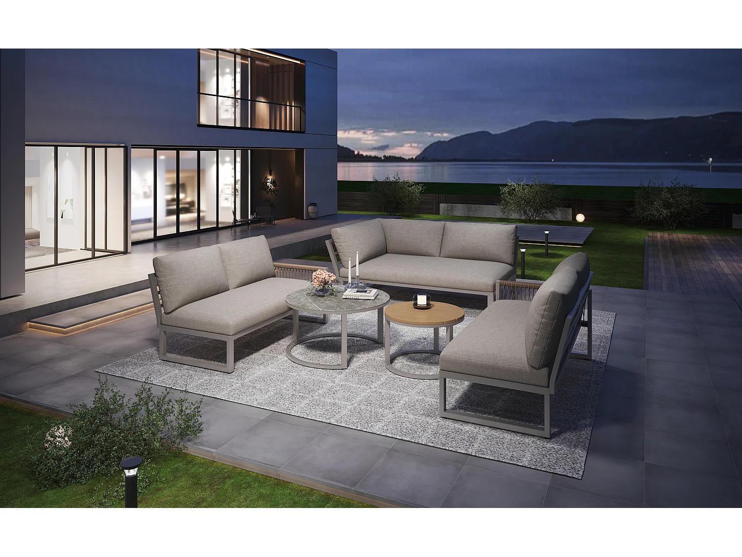 Garden furniture set for 6-7 people, corner sofa - galvanized iron, adjustable legs, 2 nesting tables, beige