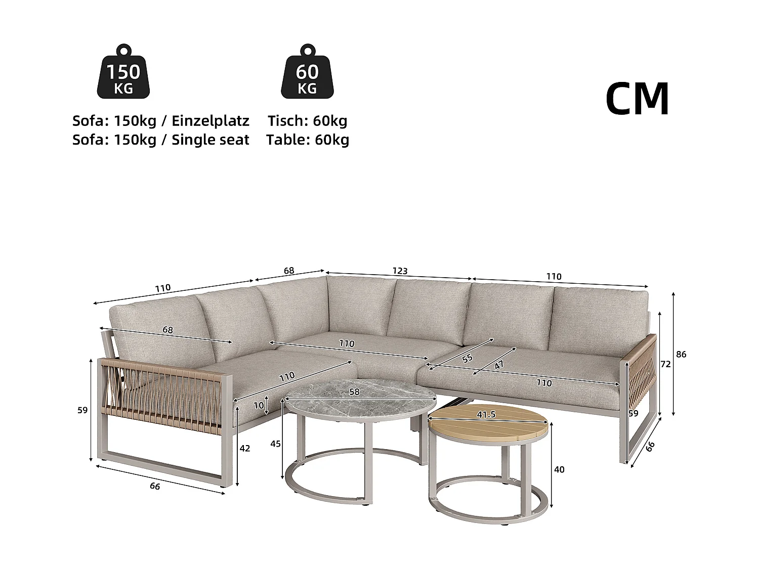 Garden furniture set for 6-7 people, corner sofa - galvanized iron, adjustable legs, 2 nesting tables, beige