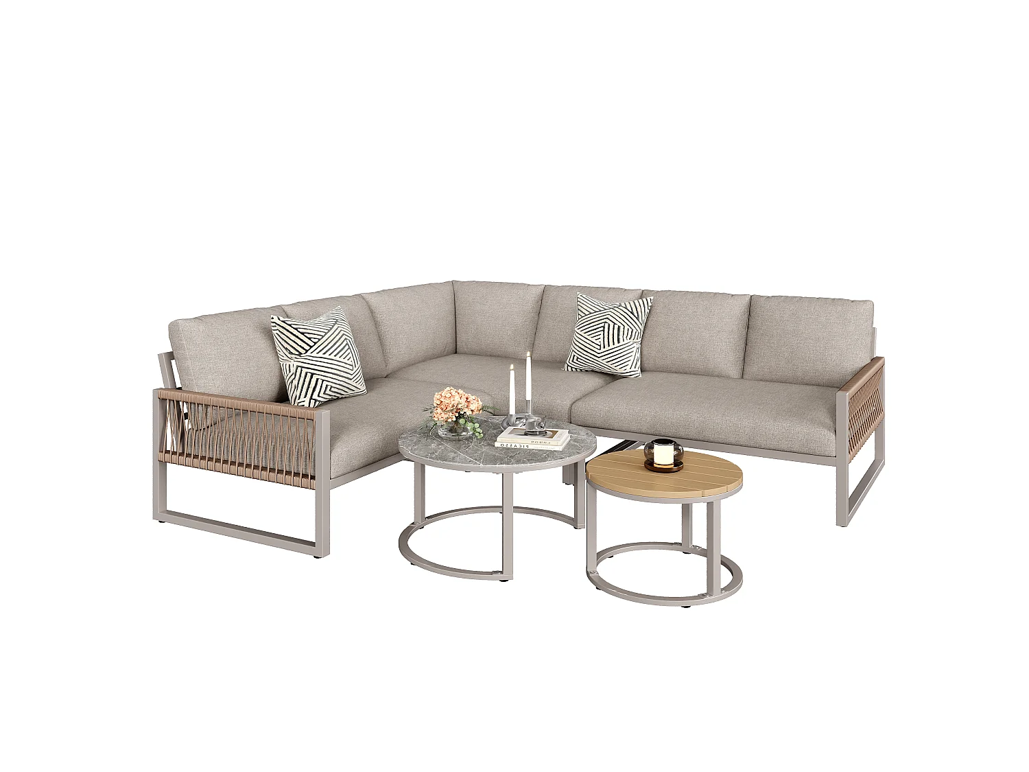Garden furniture set for 6-7 people, corner sofa - galvanized iron, adjustable legs, 2 nesting tables, beige