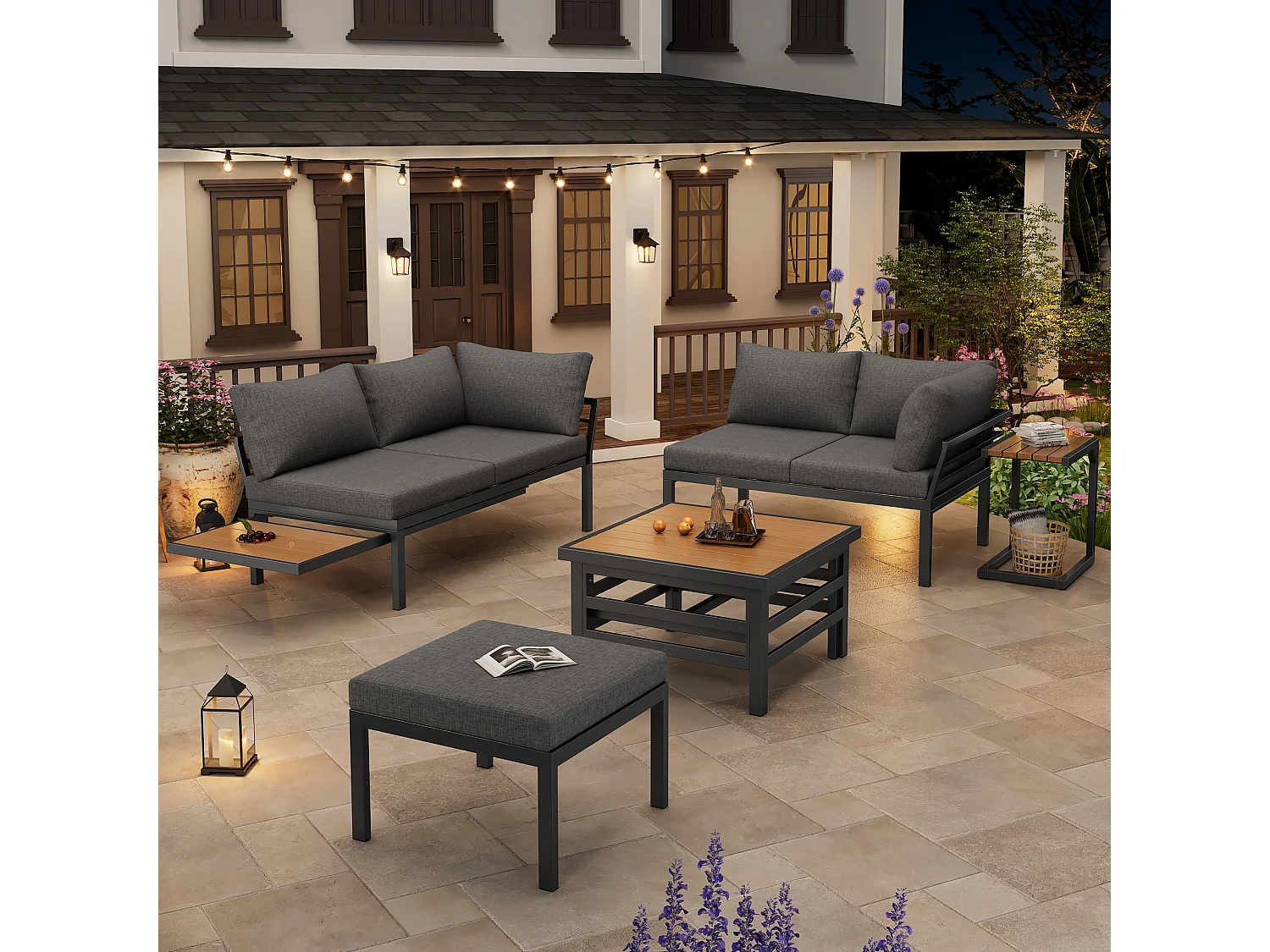 Garden lounge set - 4-seater - Galvanized steel - corner sofa - 1 extendable coffee table - 1 stool - Grey