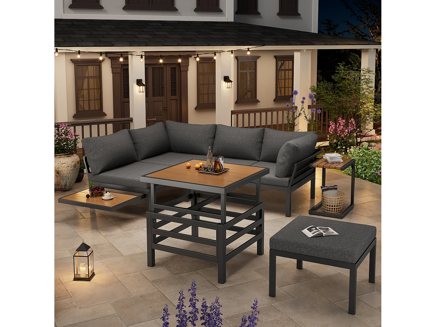 Garden lounge set - 4-seater - Galvanized steel - corner sofa - 1 extendable coffee table - 1 stool - Grey