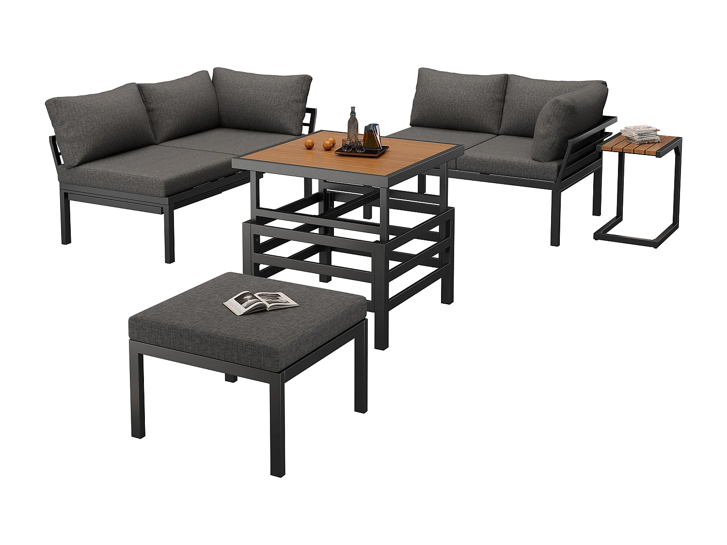 Garden lounge set - 4-seater - Galvanized steel - corner sofa - 1 extendable coffee table - 1 stool - Grey