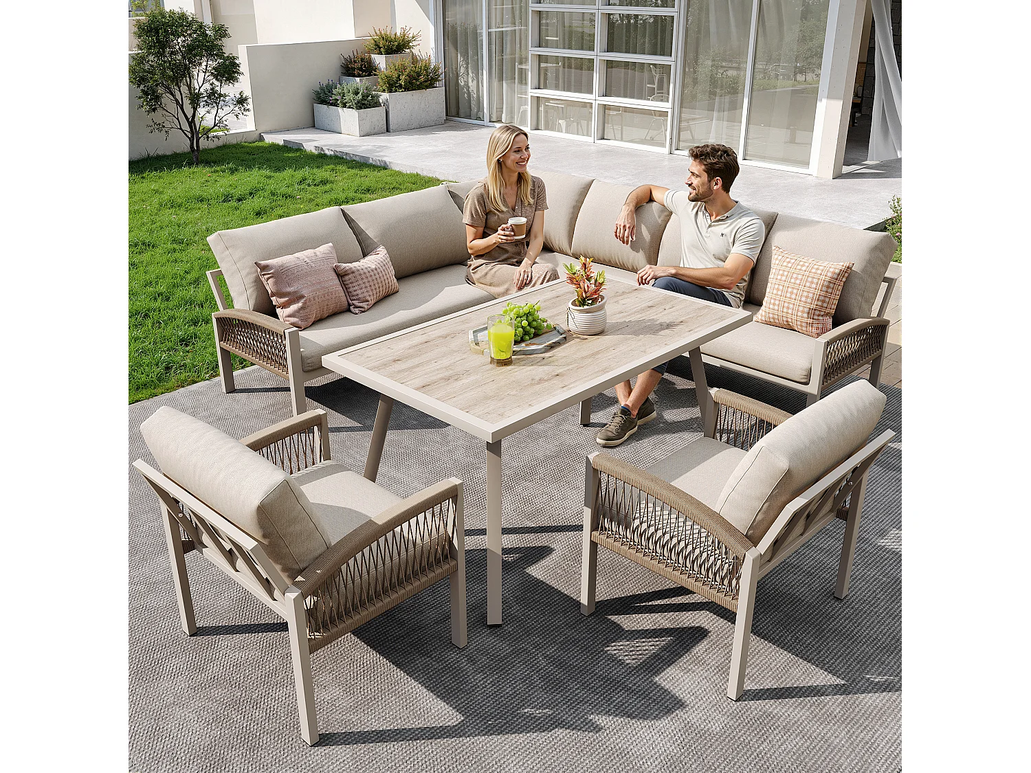 Garden furniture set for 8 people, rope detailing, 1 table with wood grain finish, galvanized iron, corner sofa - 2 armchairs, Beige